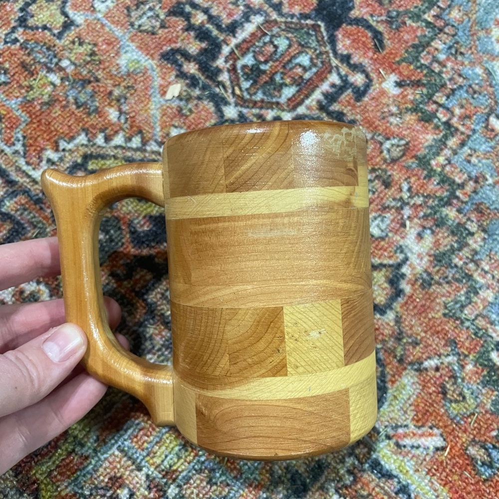 Wooden Mug with Handle and artist signature in bend Oregon
